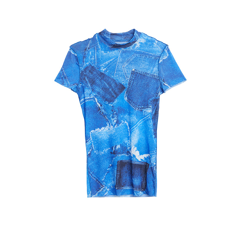 TINY IN denim print sun protection mesh long short sleeve t-shirt -IHU