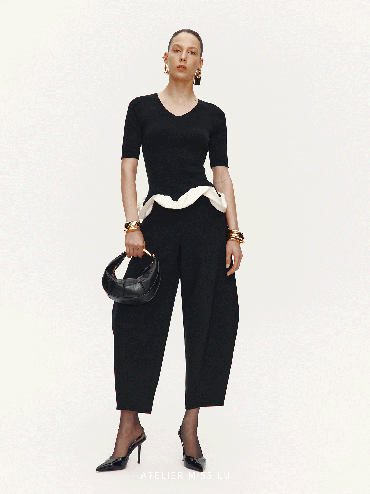 ATELIER MISS LU Hem Cloud Surround Paneled V-Neck Knit Top - SAFE.