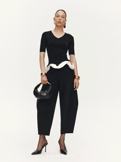 ATELIER MISS LU Hem Cloud Surround Paneled V-Neck Knit Top - SAFE.