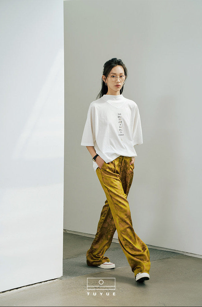 TUYUE white cotton printed small turtleneck short-sleeved T-shirt - MING.