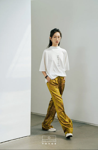 TUYUE white cotton printed small turtleneck short-sleeved T-shirt - MING.