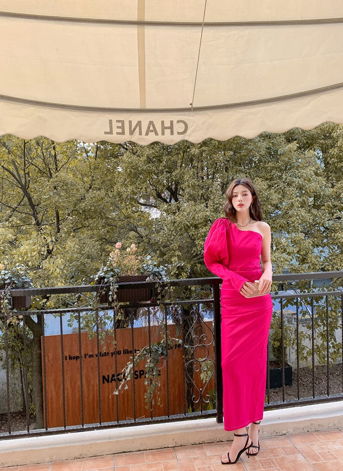 DOLLY Elegant Pink One Shoulder Lantern Sleeve High waist Slit Long Party Dress-KATE
