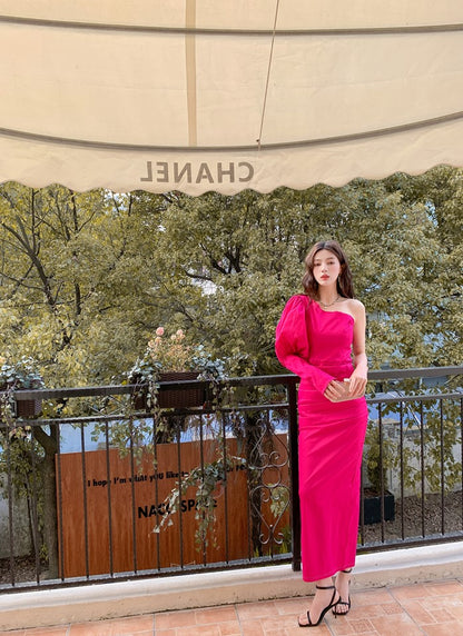 DOLLY Elegant Pink One Shoulder Lantern Sleeve High waist Slit Long Party Dress-KATE