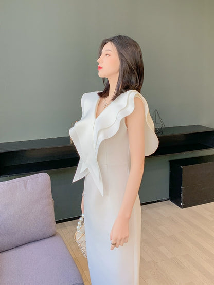 DOLLY Elegant White V-Neck Flying Ruffle Sleeve Slim Fit Long Goddess Dress-CLAUDIA