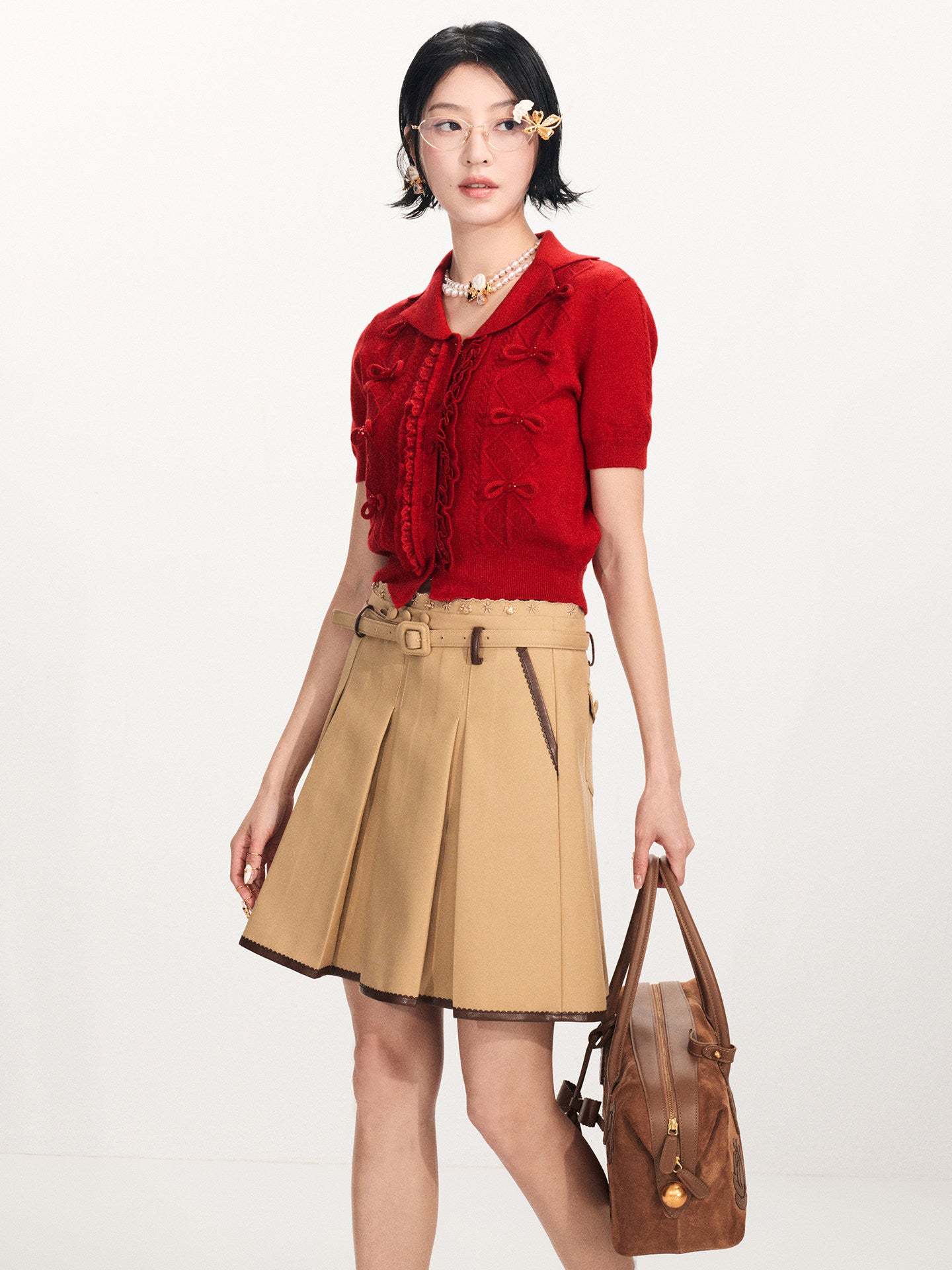 FAME Bow Beaded Knitted Short Sleeve Cardigan Top - AVA.