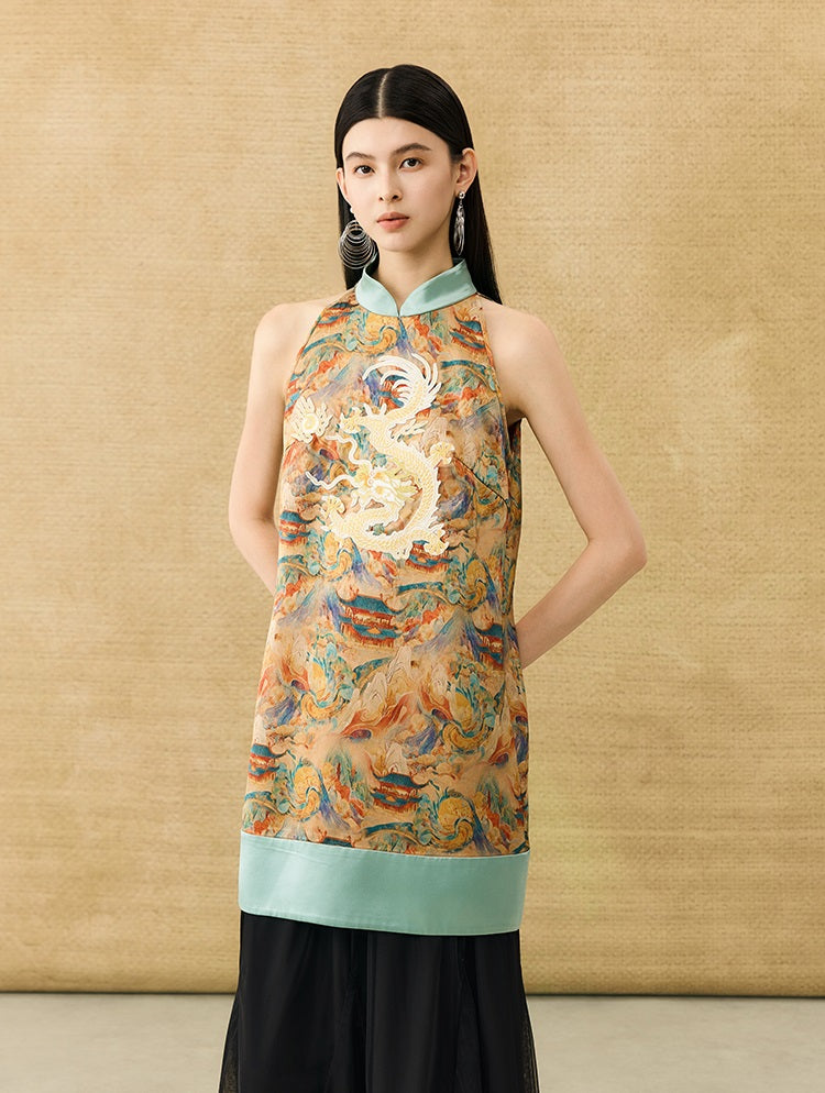 HECO Chinese Stand Collar Color-Blocked Golden Dragon Embroidery Dress - ZIPH