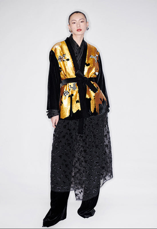 M essential Mackay designer non-jerked velvet tribal totem beaded coat - shut.