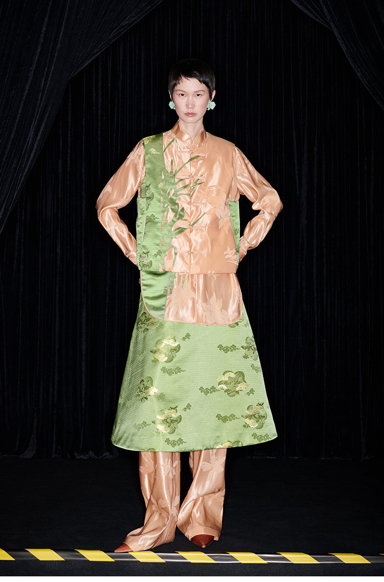 M essential Mackay's designer orchid puffer gilet shirt skirt Pant set - three.