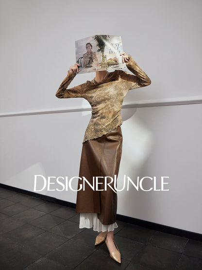 DGU "Gilded" khaki T-shirt autumn new retro print slim commuter slimming top - JACE.