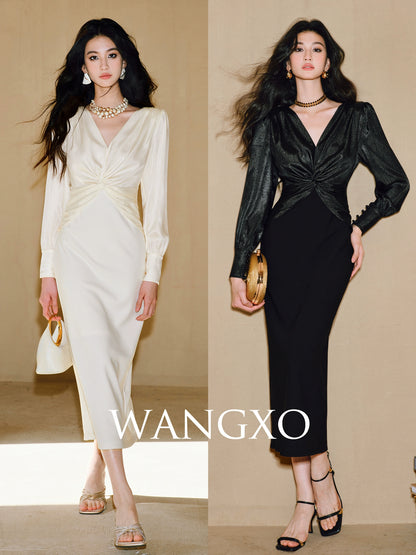 WANGXO | Wrinkled Bright Silk Satin Hemp V-Neck Twisted Waist Slim Dress -ZAYA.