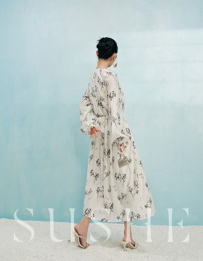 SUSHE white moonlight ink jacquard A-line  French summer long sleeve dress women-FLORA
