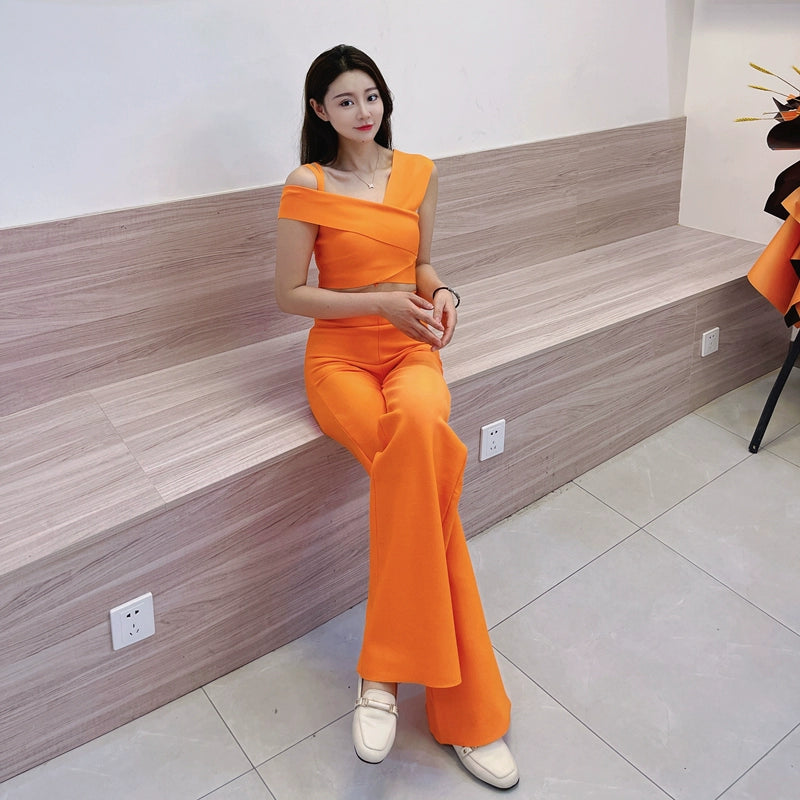 DOLLY Elegant Two Piece One Shoulder Top Design +Long Flared Pants-AMINA