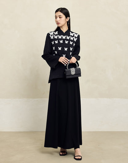 HECO Butterfly Beads Embroidered Stand-Up Collar black white T-Shirt - WORDS.