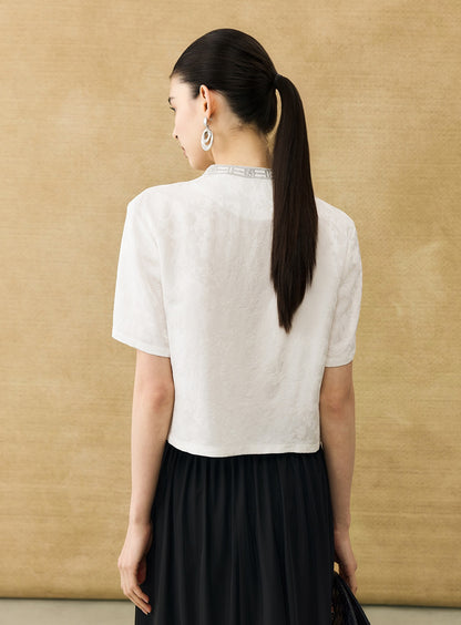 HECO Chinese Flower Embossed Disc Buckle Short Sleeve T-Shirt - BOND.