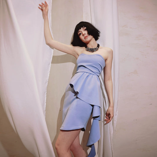 DOLLY Luxury Baby Blue One Shoulder Collar Sleeveless Pleated Short Date Dress-Key