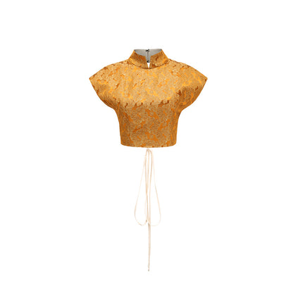 TUYUE Gold Carving Linen Mulberry Silk Lace-up Backless Top - DENVER.