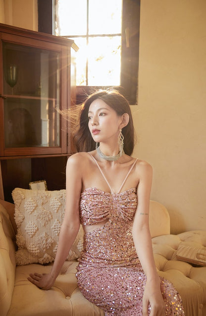 DOLLY Elegant Sequined Hollow Halter Neck Long Evening Dress-OLIVE