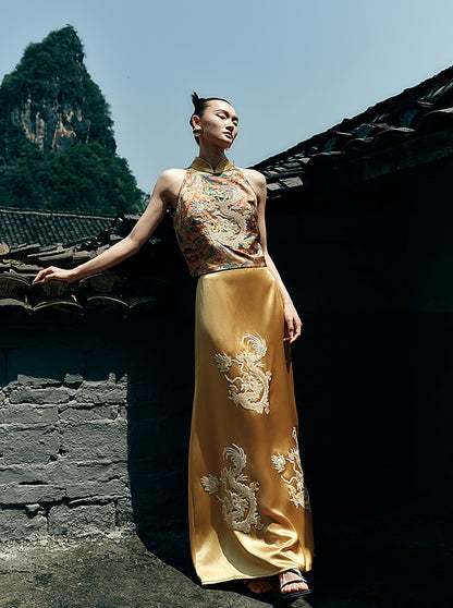 HECO Chinese Embroidery Golden Dragon Acetate Skirt - ALPHA.