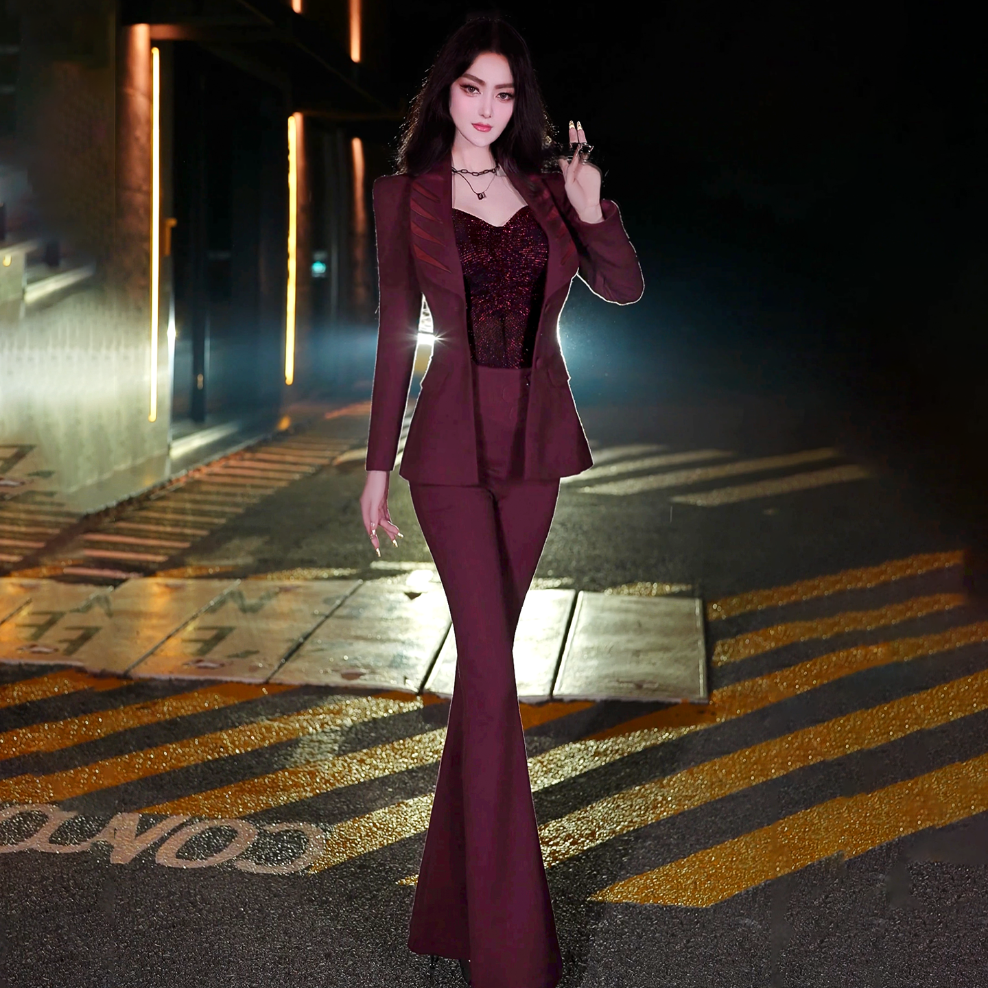 VJE  Burgundy Spliced Small Pants Two-Piece Set  Suit - HANS?