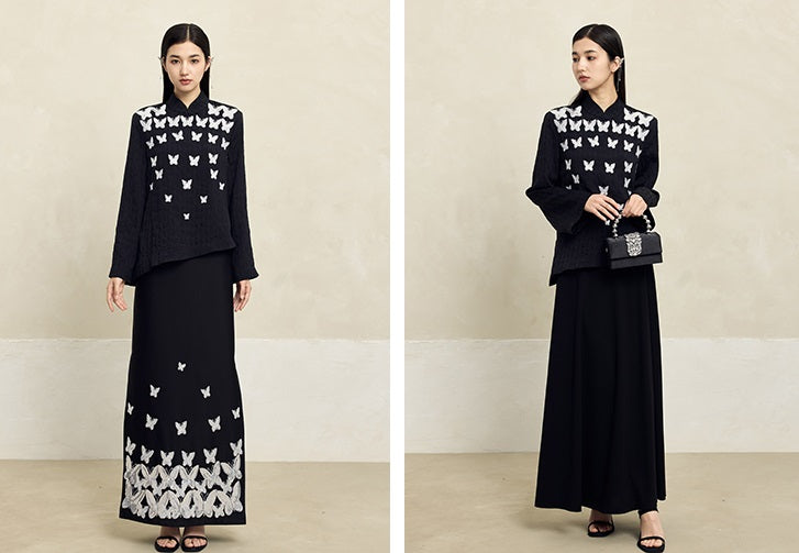 HECO Butterfly Beads Embroidered Stand-Up Collar black white T-Shirt - WORDS.