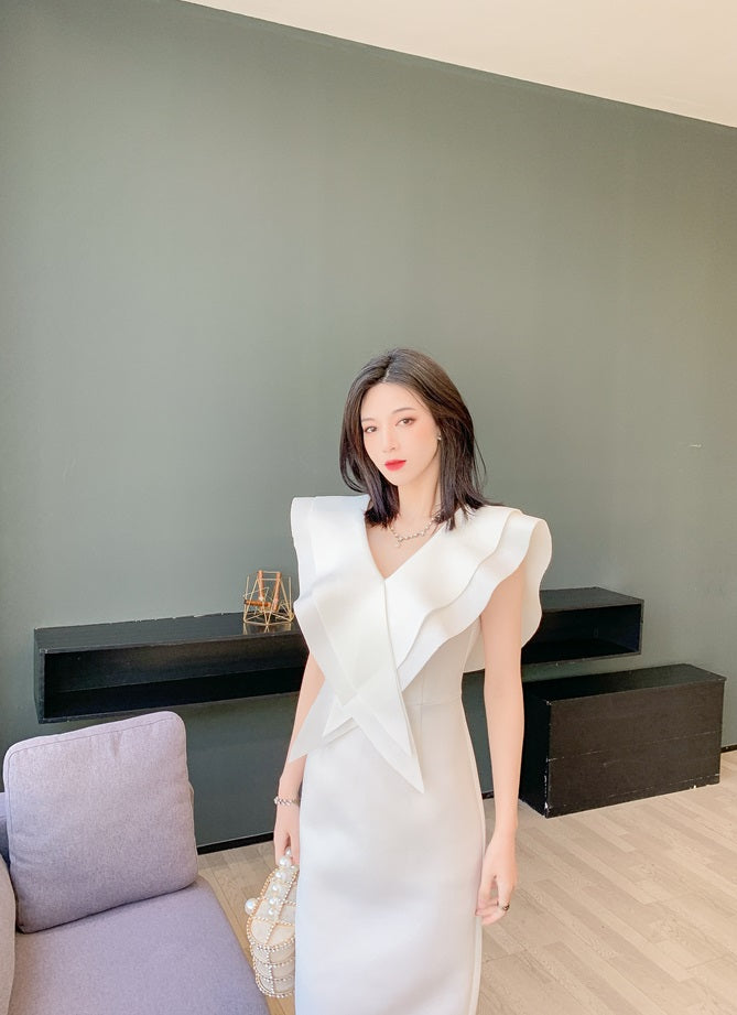 DOLLY Elegant White V-Neck Flying Ruffle Sleeve Slim Fit Long Goddess Dress-CLAUDIA