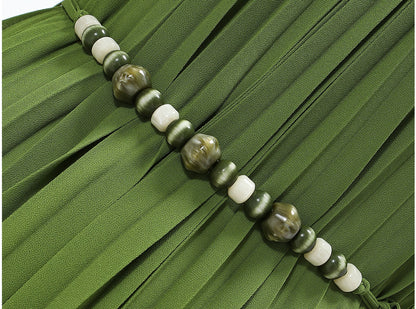 WANGXO | Natural Stone Beaded Halterneck Flowing A-Line Umbrella Skirt -ZENA
