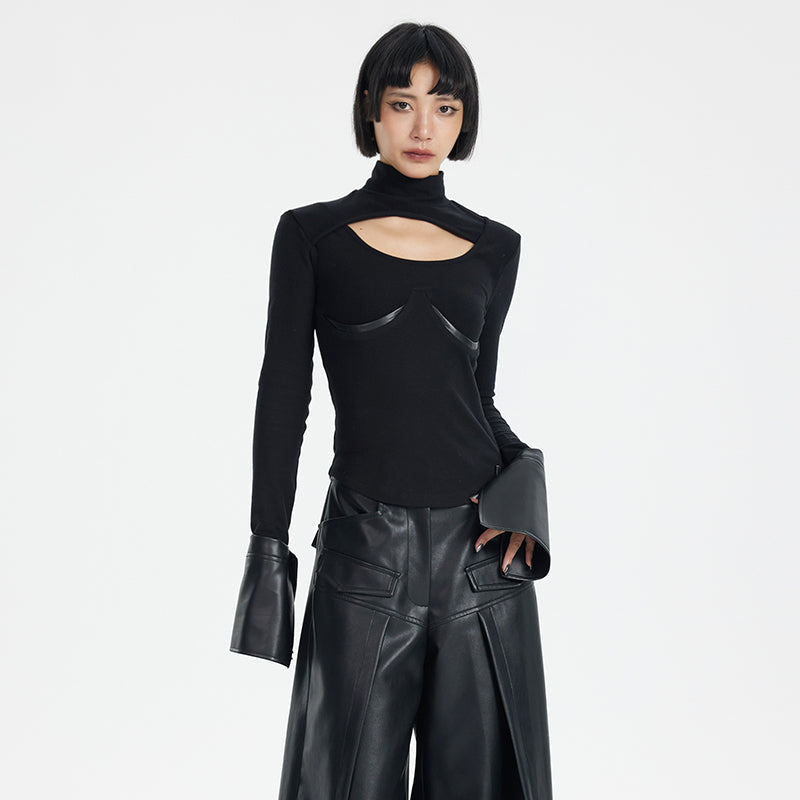 TINY IN black knit PU leather cuff top - SONO.
