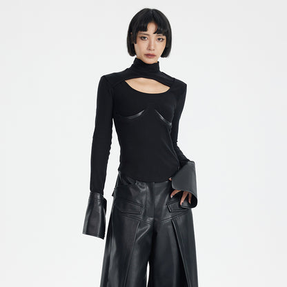 TINY IN black knit PU leather cuff top - SONO.