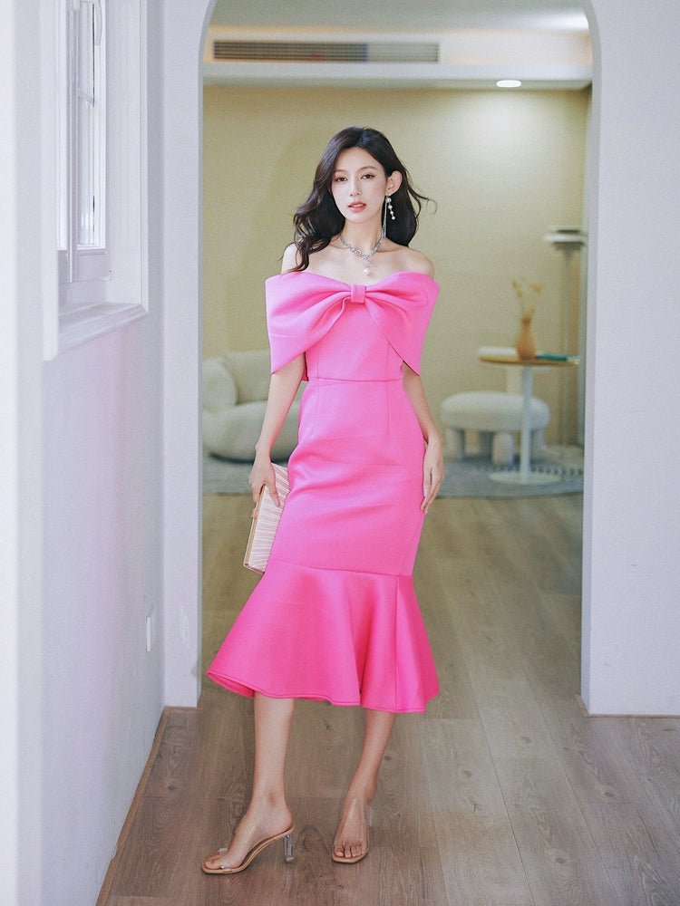 DOLLY Elegant Pink Big Bow Tube Top Off Shoulder Ruffled Fish Tail Dress-ZAYNAB