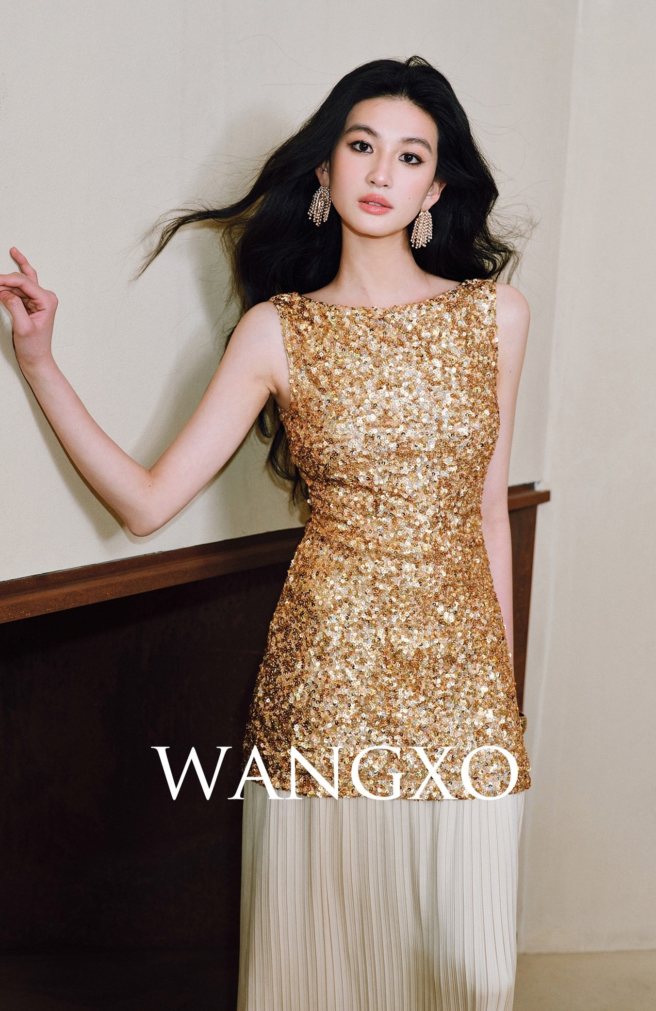 WANGXO | Gilded sequin-stitch silk pleated shimmer Dress - BYRON.