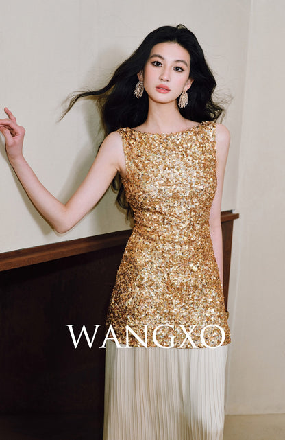 WANGXO | Gilded sequin-stitch silk pleated shimmer Dress - BYRON.