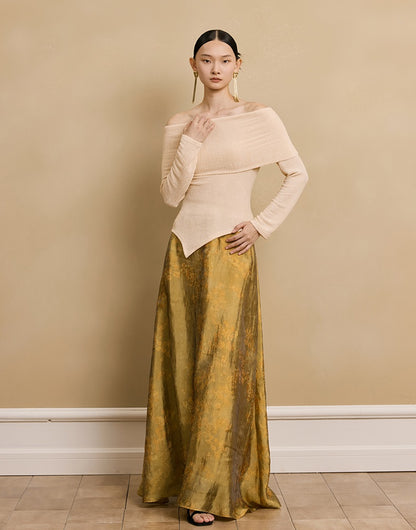 HECO stretch pleated off-the-shoulder long sleeve T-shirt - GRAD.