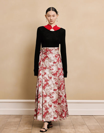 HECO Red Horse Face High Waisted Long Hanfu Skirt - offer.