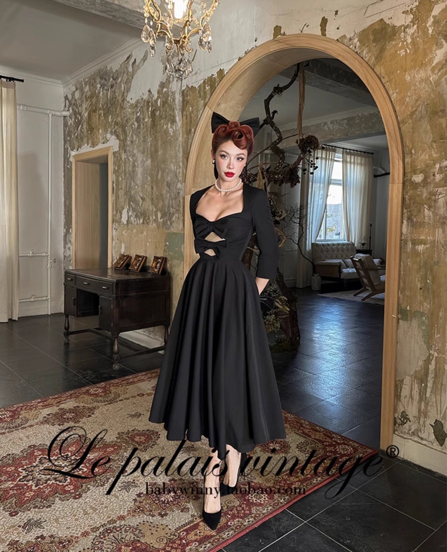 Le Palais Vintage Elegant Retro Long Sleeves Plain Mid Skirt Black  Long Cocktail Hem Dress-Aurora