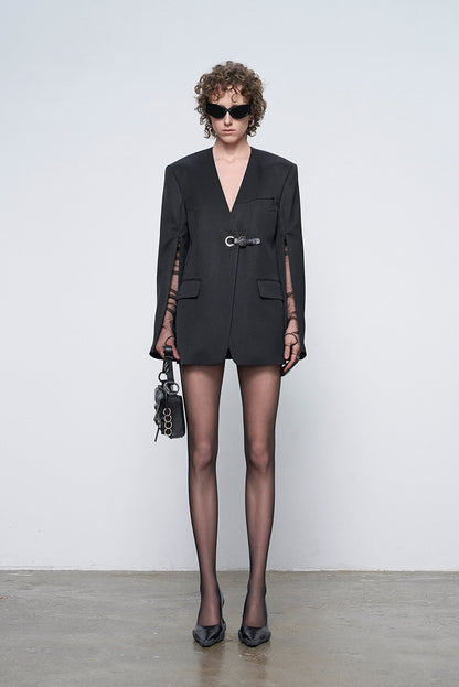 ANNAKIKI designer black acetate collarless split V-neck blazer-PEARL