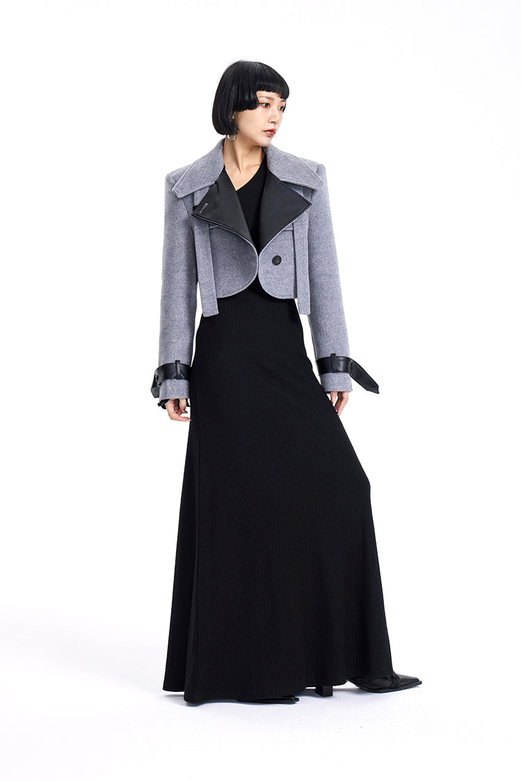 TINY IN leather stitched cropped women's wool jacket -DEKU