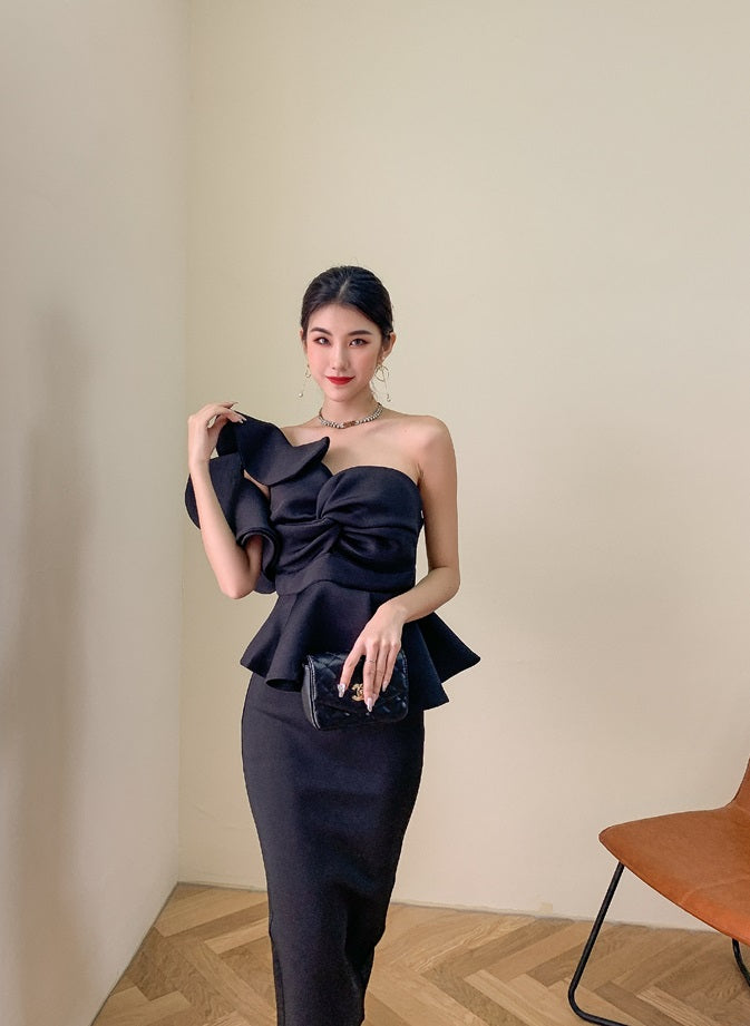 DOLLY Elegant French Style Off Shoulder Ruffle Short Top+ High Waist Skirt-LOIS