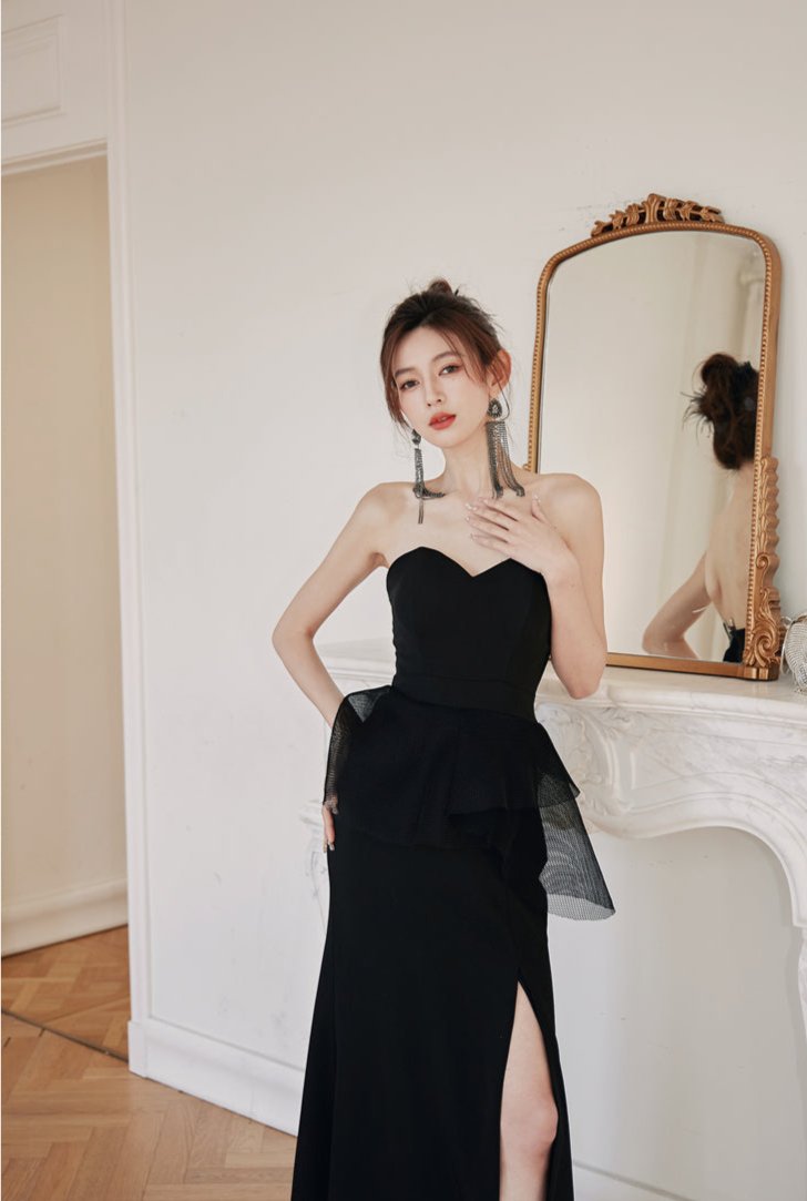DOLLY Luxury Black Retro Chest Wrap Sleeveless Off Shoulder Long Dinner Dress-ALVINA