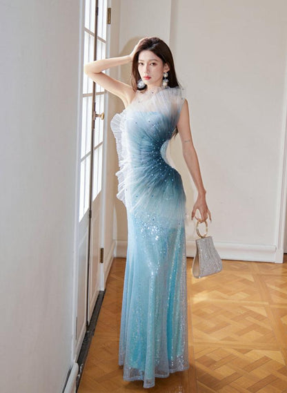 DOLLY Luxury Blue Sleeveless Mesh Bandeau High Waist Long Fish Tail Cocktail Dress-SENORA