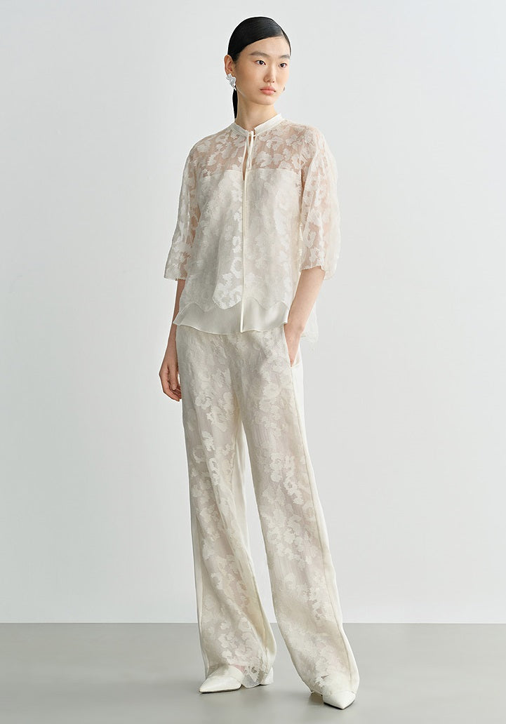 COMME MOI silk embroidered lace-up half-sleeved top - ESTHER.