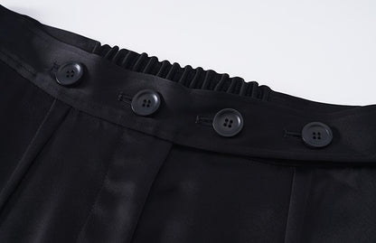 ZHUCHONGYUN Black Fashion Simple Pleated Design Loose Adjustable Short Pants-MITSUKI.