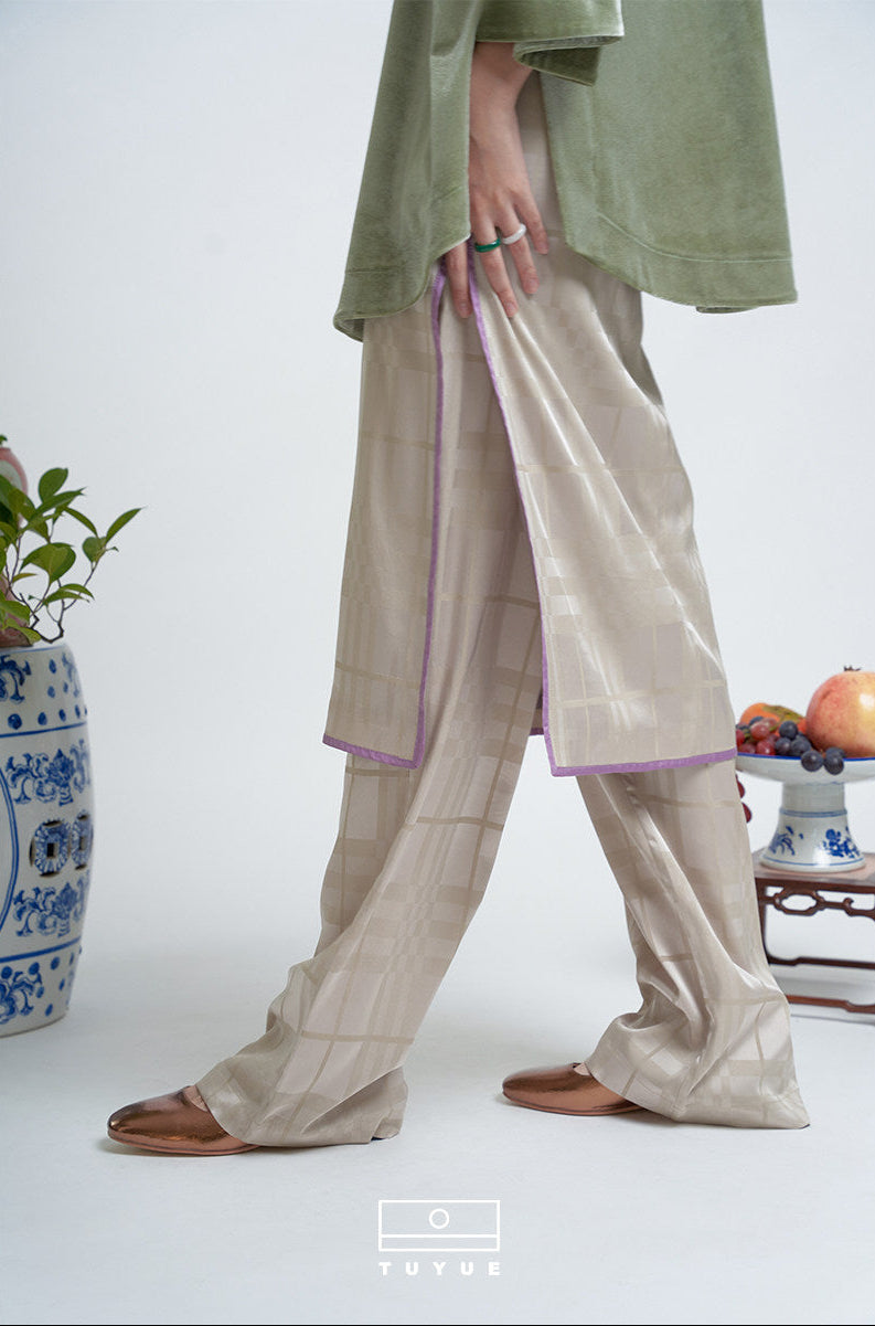 TUYUE Silver Gray Acetate Woven Satin Skirt Pants Suit Layering- CARLA.