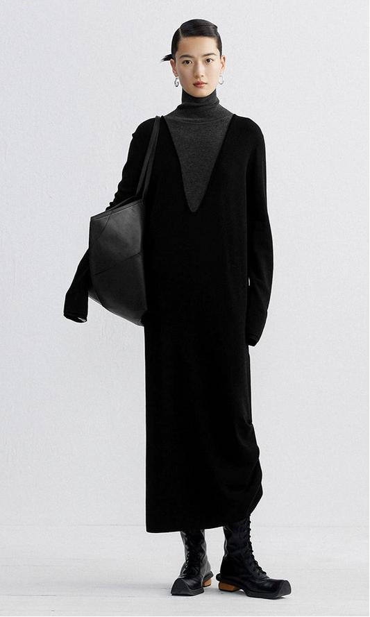 ZHUCHONGYUN black high neck loose long wool knitted dress-KAKASHI.