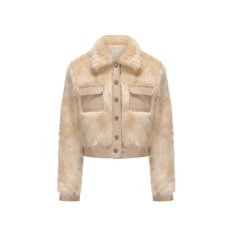 ATELIER MISS LU Vintage Pocket Stitching Faux Fur Short Jacket - BLOOM.