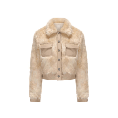 ATELIER MISS LU Vintage Pocket Stitching Faux Fur Short Jacket - BLOOM.