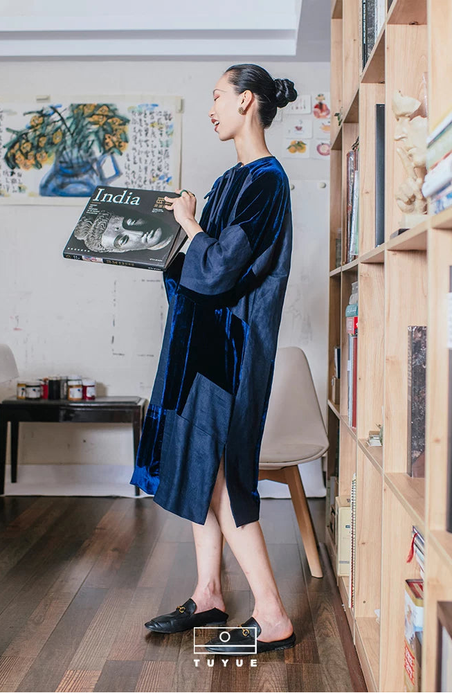 TUYUE Blue Lace-up Silk Velvet × Linen silhouette dress-PALOMA