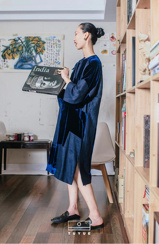 TUYUE Blue Lace-up Silk Velvet × Linen silhouette dress-PALOMA