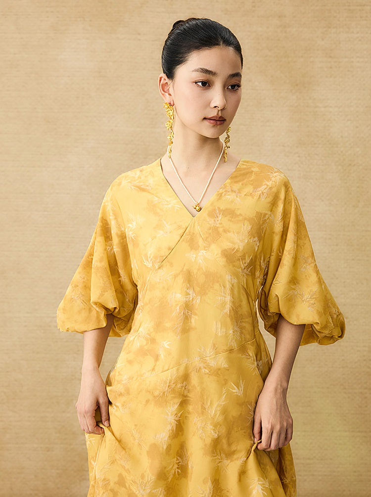 HECO Chinese V-Neck Waist Summer Elegant Floral Stitched Mesh dress - TULIP .