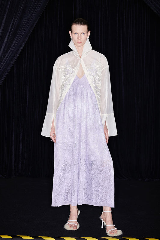 M essential Mackay designer taro lace pleated plunging V-neck dress - MARRY.