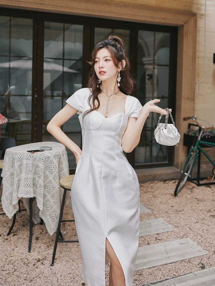 DOLLY Luxury French Style Square Collar Short Puff Sleeves Flower Bud Midi Dress-SARAH